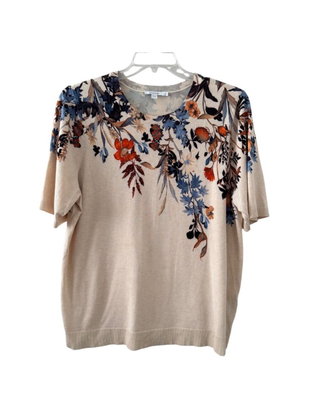 Chicos sweater Sz XXL Floral Print Lightweight Beige Sweater Short Sleeve Rayon - Picture 5 of 12